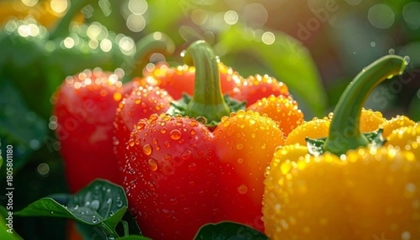 Obraz Colorful Bell Peppers with Water Droplets in Garden.