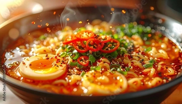 Obraz Delicious Ramen Bowl with Egg and Chili Peppers - A Culinary Delight.