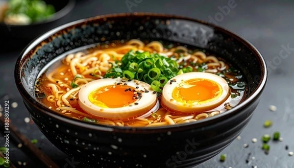 Obraz Delicious Ramen Bowl with Egg and Green Onions.