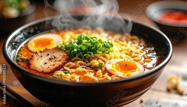 Obraz Delicious Ramen Bowl with Eggs and Green Onions.