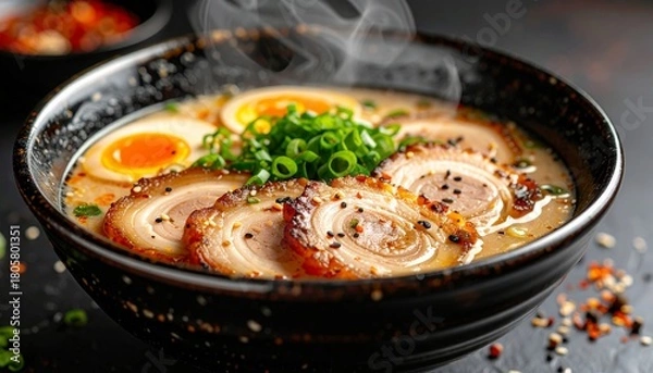 Obraz Delicious Ramen Bowl with Pork, Egg, and Green Onions.