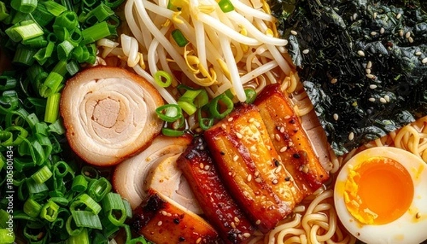 Obraz Delicious Ramen Bowl with Pork, Egg, and Seaweed Close-Up.