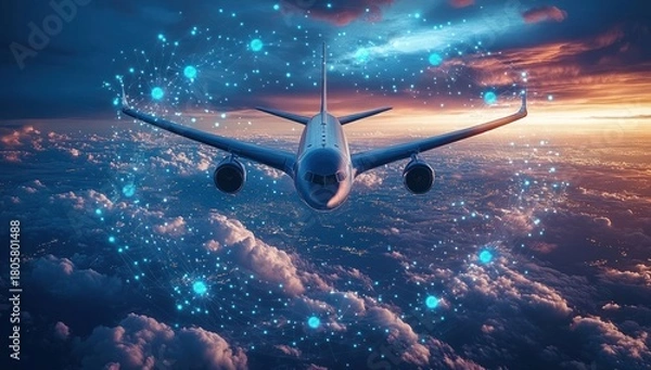 Fototapeta Front view of a jet airliner flying above a glowing cloudscape at sunset with digital network nodes and luminous connections, futuristic, serene and majestic