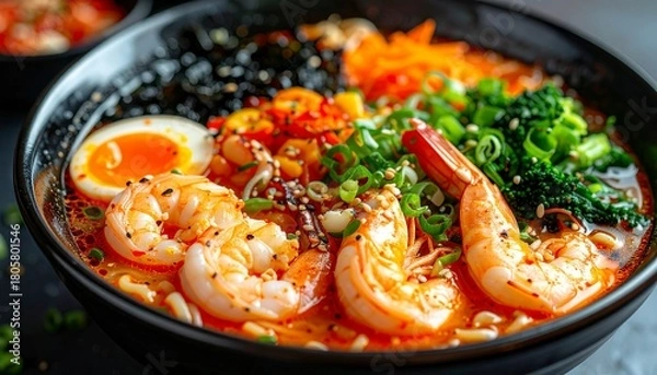 Obraz Delicious Shrimp Ramen Bowl with Egg and Vegetables.