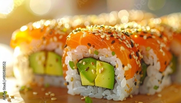 Obraz Delicious Salmon Avocado Sushi Rolls - A Close-Up View of Japanese Cuisine.