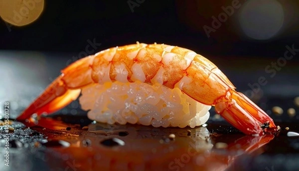 Obraz Ebi Nigiri - A Single Piece of Shrimp Sushi on a Black Plate.