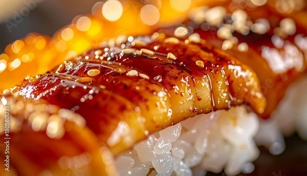 Obraz Delicious Unagi Nigiri Sushi with Sweet Sauce and Sesame Seeds.