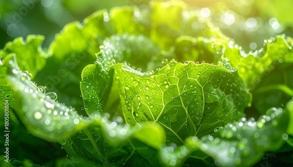 Obraz Fresh Green Lettuce with Water Droplets in Sunlight.