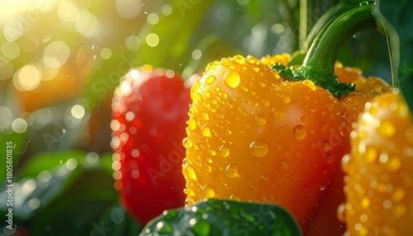 Obraz Fresh Peppers with Water Droplets in Sunlight.