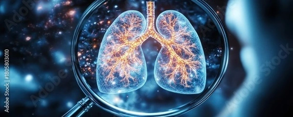 Fototapeta Magnified glowing human lungs with illuminated bronchial tree under a magnifying glass, evoking scientific scrutiny and urgent concern