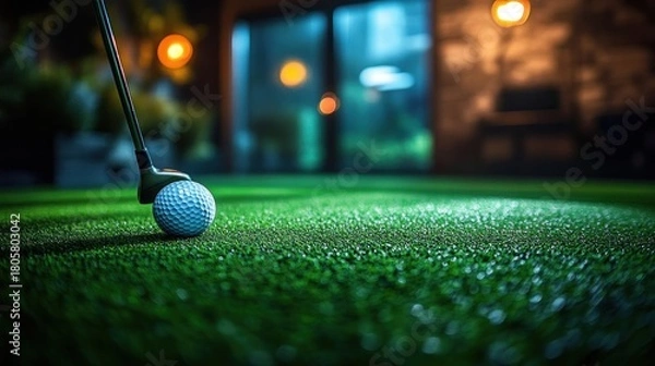 Fototapeta Golf club poised behind a dimpled ball on glistening green turf at night with warm bokeh lights, calm focused practice mood