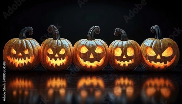 Fototapeta Five glowing carved jack-o'-lantern pumpkins lined up on a reflective surface in a dark setting, casting warm eerie reflections and playful spooky expressions