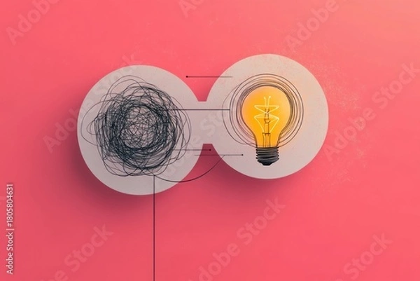 Fototapeta Two connected white circles on a textured pink background showing a chaotic black scribble linked by lines to a glowing light bulb, evoking transformation, clarity, and inspiration