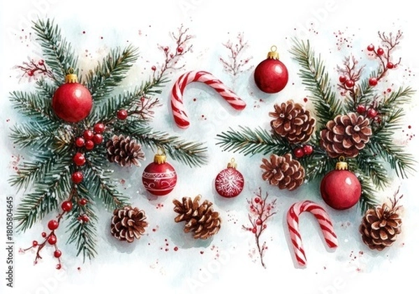 Fototapeta festive watercolor arrangement of evergreen branches, pine cones, red baubles, candy canes and berries on a snowy background, joyful cozy holiday mood