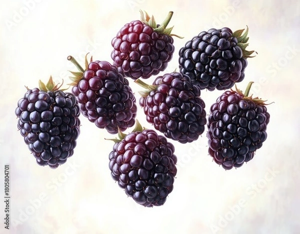 Fototapeta Eight glossy ripe blackberries with green stems floating on a soft light background, fresh, vibrant and juicy, inviting and appetizing