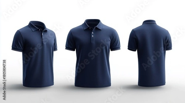 Fototapeta Three navy blue polo shirts displayed on invisible forms showing angled left, front and back views with collars and buttons in a clean studio setting conveying a modern, professional mood