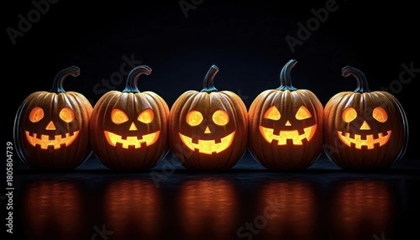Fototapeta five glowing carved jack o lantern pumpkins with cheerful spooky faces on a reflective dark surface