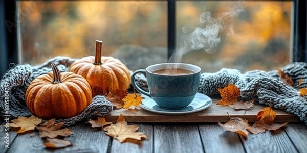 Fototapeta steaming cup of tea on a wooden board with two small pumpkins, knitted gray blanket and scattered autumn leaves on a windowsill, cozy warm fall morning