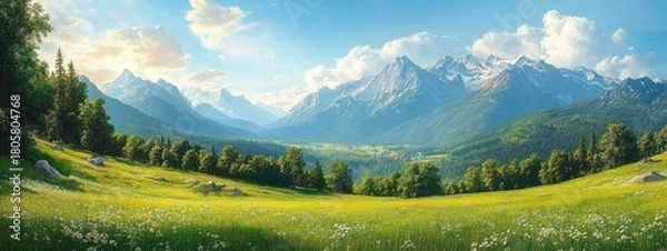 Fototapeta sunlit alpine meadow filled with wildflowers, scattered rocks and trees opening onto a forested valley and distant snow-capped mountain range under a bright blue sky, peaceful and uplifting