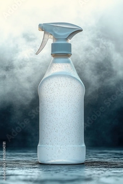 Fototapeta single plastic trigger spray bottle with water droplets on a wet reflective surface against a misty blue-gray background, evoking sterile calm and cleanliness