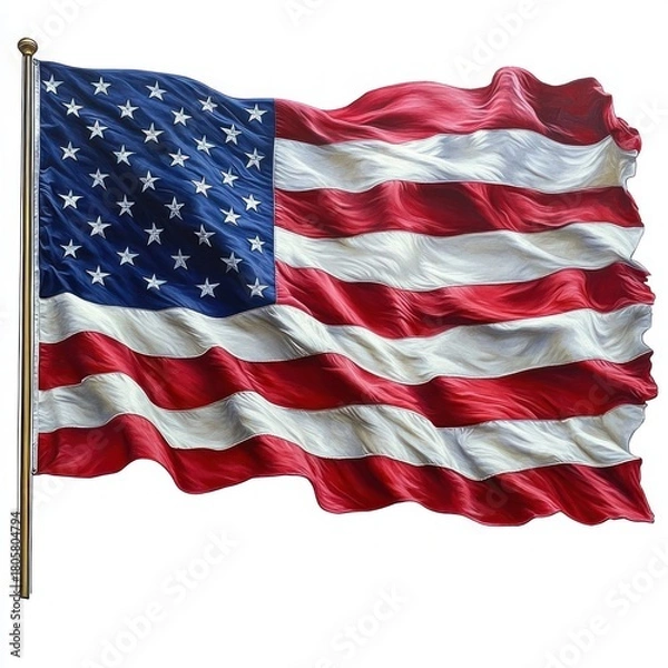 Fototapeta waving red white and blue flag with stars and stripes on a pole, billowing fabric conveying pride and patriotic triumph