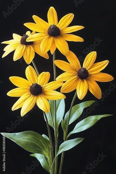 Fototapeta five cheerful yellow daisy-like flowers with dark brown centers on slender green stems and leaves against a deep black background evoking warmth and uplifting serenity