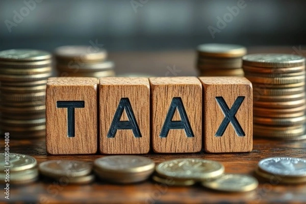 Fototapeta Wooden letter blocks spelling TAAX surrounded by stacked and scattered coins on a wooden table, evoking financial concern and tax burden