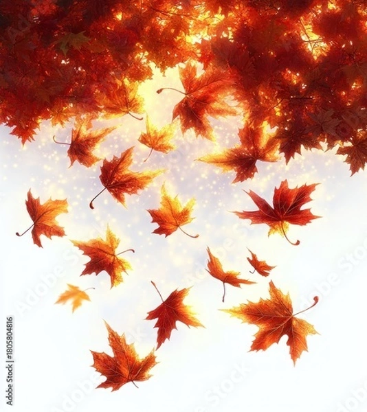 Fototapeta red and orange maple leaves falling through glowing golden light under a tree canopy, peaceful and magical autumn scene