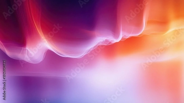 Fototapeta Ethereal flowing translucent ribbons of pink, purple and orange light over a soft glowing gradient background, evoking calm dreamy serenity