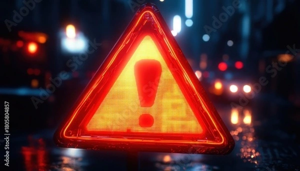 Fototapeta neon glowing red triangular warning sign with exclamation mark on wet urban street at night, urgent tense atmosphere