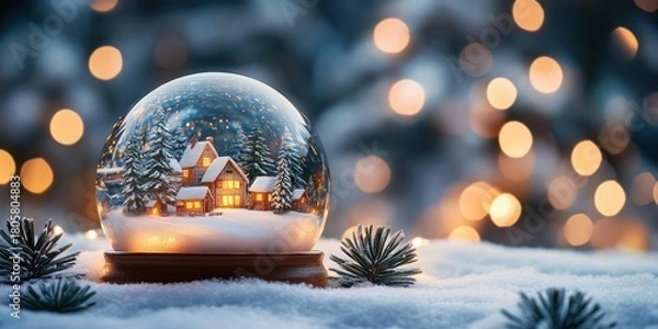 Fototapeta Snow globe with a miniature snow-covered village and glowing cozy houses among evergreen trees on a wooden base, resting on fresh snow with pine sprigs and warm bokeh lights, evoking peaceful magic