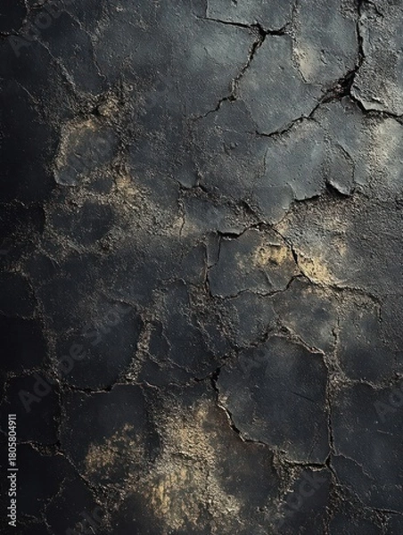 Fototapeta dark cracked earth with golden dust and deep fissures, arid weathered texture conveying desolation and decay