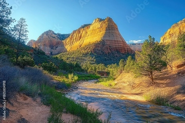 Fototapeta sunlit sandstone cliffs towering over a winding stream in a pine and scrub valley, peaceful golden late afternoon light under a clear blue sky