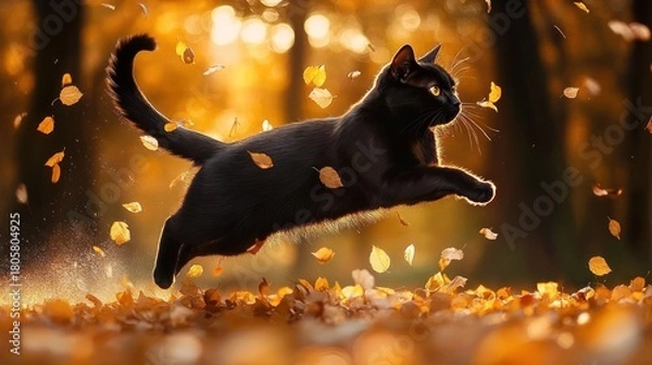 Fototapeta Black cat leaping through golden autumn leaves in a sunlit forest, playful and energetic midair motion