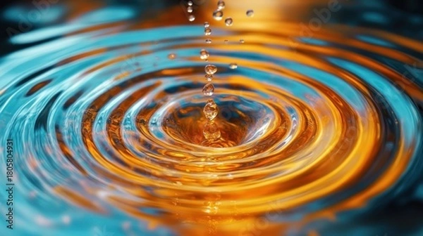 Fototapeta golden and turquoise water droplets falling into a rippling pool with concentric rings and shimmering reflections, calm and mesmerizing
