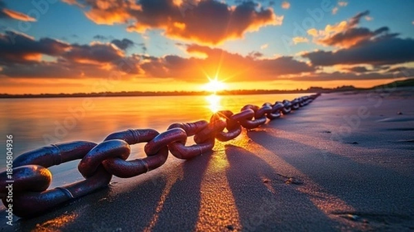 Fototapeta rusty heavy chain stretched across sandy beach toward glowing sunset over calm water, warm golden light and dramatic clouds evoking peaceful solitude