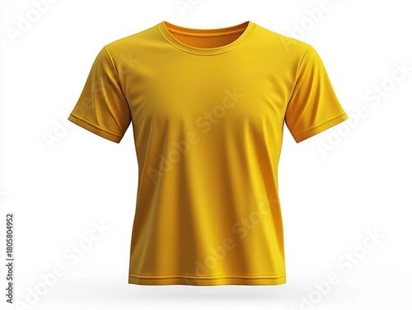 Fototapeta front view bright yellow short-sleeve crew neck t-shirt on white background, plain casual tee with soft folds and a cheerful sunny vibe