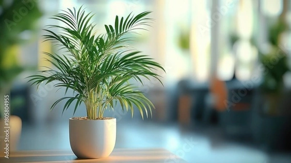 Fototapeta Lush green potted palm in a white ceramic pot on a wooden table with soft sunlight and a blurred modern interior, evoking calm fresh serenity