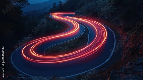 Fototapeta curving mountain road at night with vibrant red and orange light trails forming looping neon ribbons, evoking thrilling motion and energy