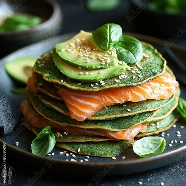 Fototapeta Stack of green spinach pancakes layered with smoked salmon, topped with avocado slices, fresh basil and sesame seeds on a dark plate, fresh and appetizing gourmet meal