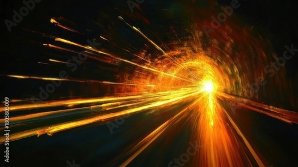 Fototapeta golden tunnel interior with streaking light trails and a bright vanishing point conveying speed, motion and intense energy