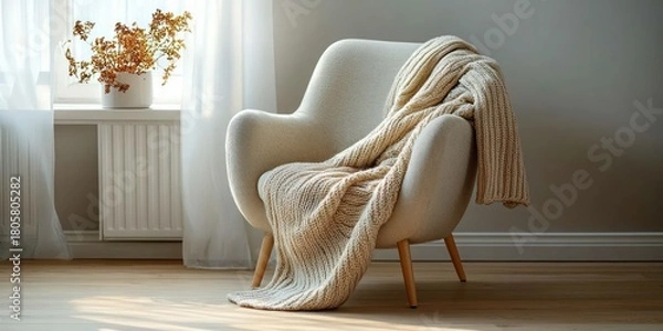 Fototapeta cozy cream armchair draped with chunky knitted blanket beside a sunlit window with a vase of dried flowers, sheer curtains and warm wooden floor creating a calm inviting atmosphere