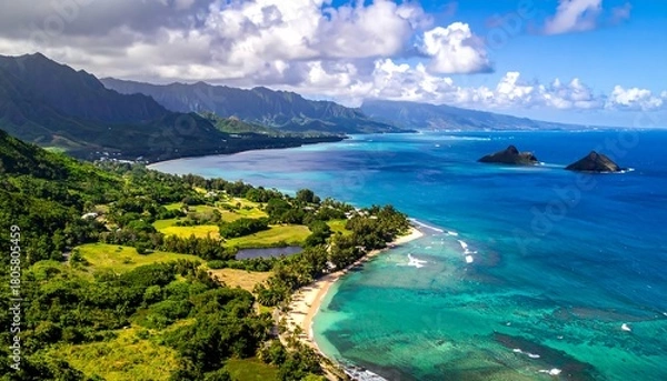 Fototapeta Aerial view of a tropical coastline with verdant green hills and turquoise water under a bright blue, partly cloudy sky