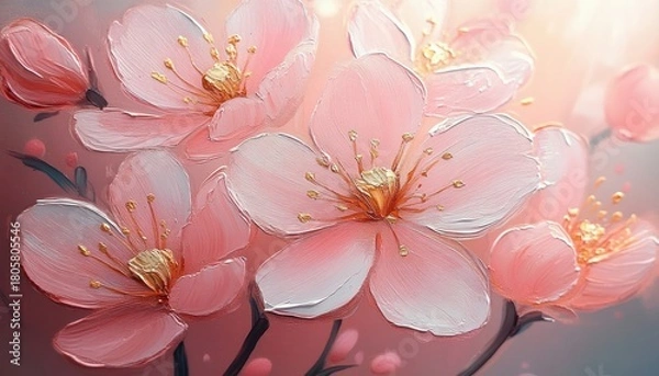 Fototapeta delicate pink cherry blossom branch with gold-accented stamens, visible textured brushstrokes and soft glowing light evoking a dreamy serene spring mood