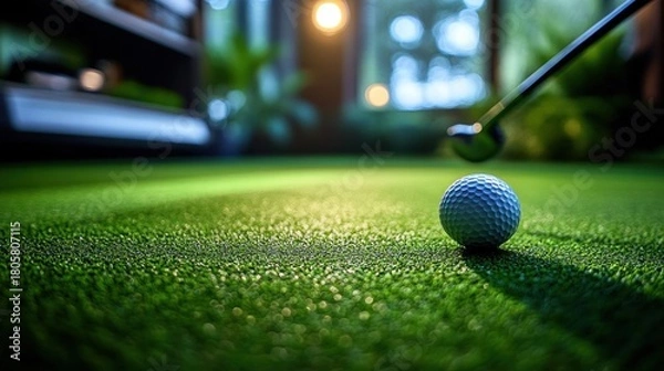 Fototapeta Golf ball on an indoor putting green with putter poised, soft warm lights and blurred plants by a window, calm focused anticipation