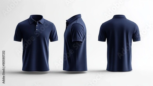 Fototapeta Three navy blue polo shirts shown front, side, and back on a clean white studio background, minimalist and professional product presentation