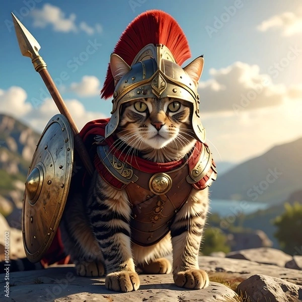 Fototapeta A tabby cat poses in antique armor and a helmet with a plume; mountains and sky in background