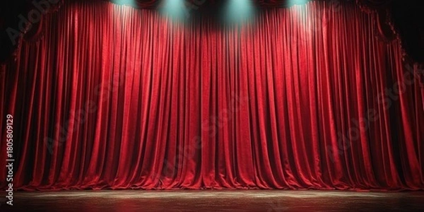 Fototapeta Closed red velvet theater curtains illuminated by overhead spotlights on an empty wooden stage conveying dramatic anticipation and suspense