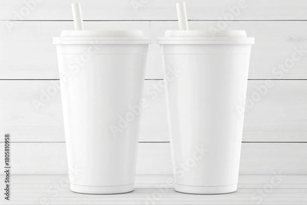 Fototapeta white takeaway coffee cups with straw mockup on white wooden background for packaging design and branding presentation