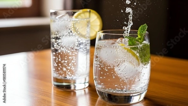 Obraz Two Refreshing Glasses of Sparkling Water with Lemon and Mint on Wooden Table